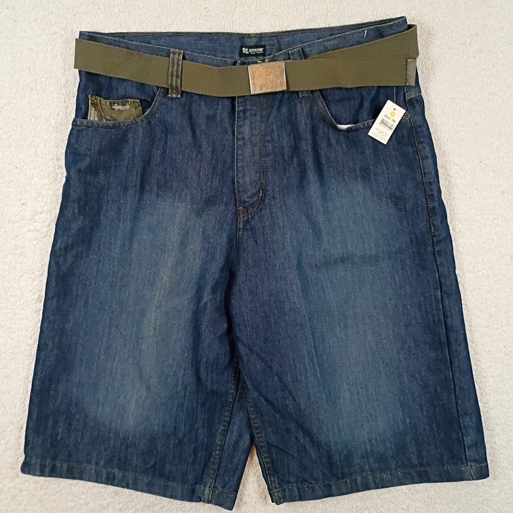 GT Revolution Baggy Denim Shorts Mens 38 Blue Camo Deadstock Streetwear Y2K Belt